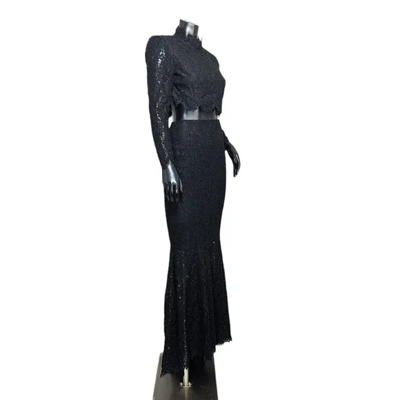 Fame and Partners US4 Black Lace 2 Piece Outfit Set Top & Maxi Skirt  Formal - greenwatershopping.com
